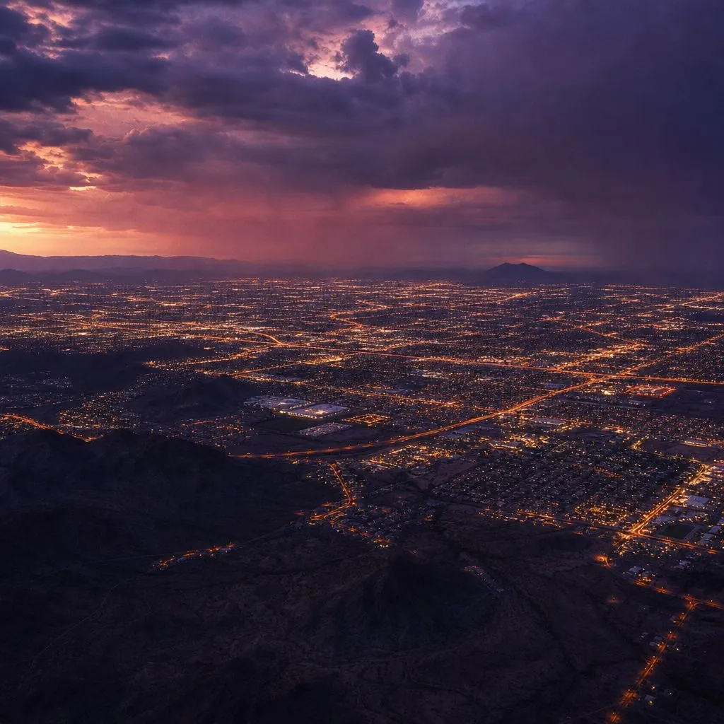 Aerial dusk view of the Phoenix & the Valley region of Arizona