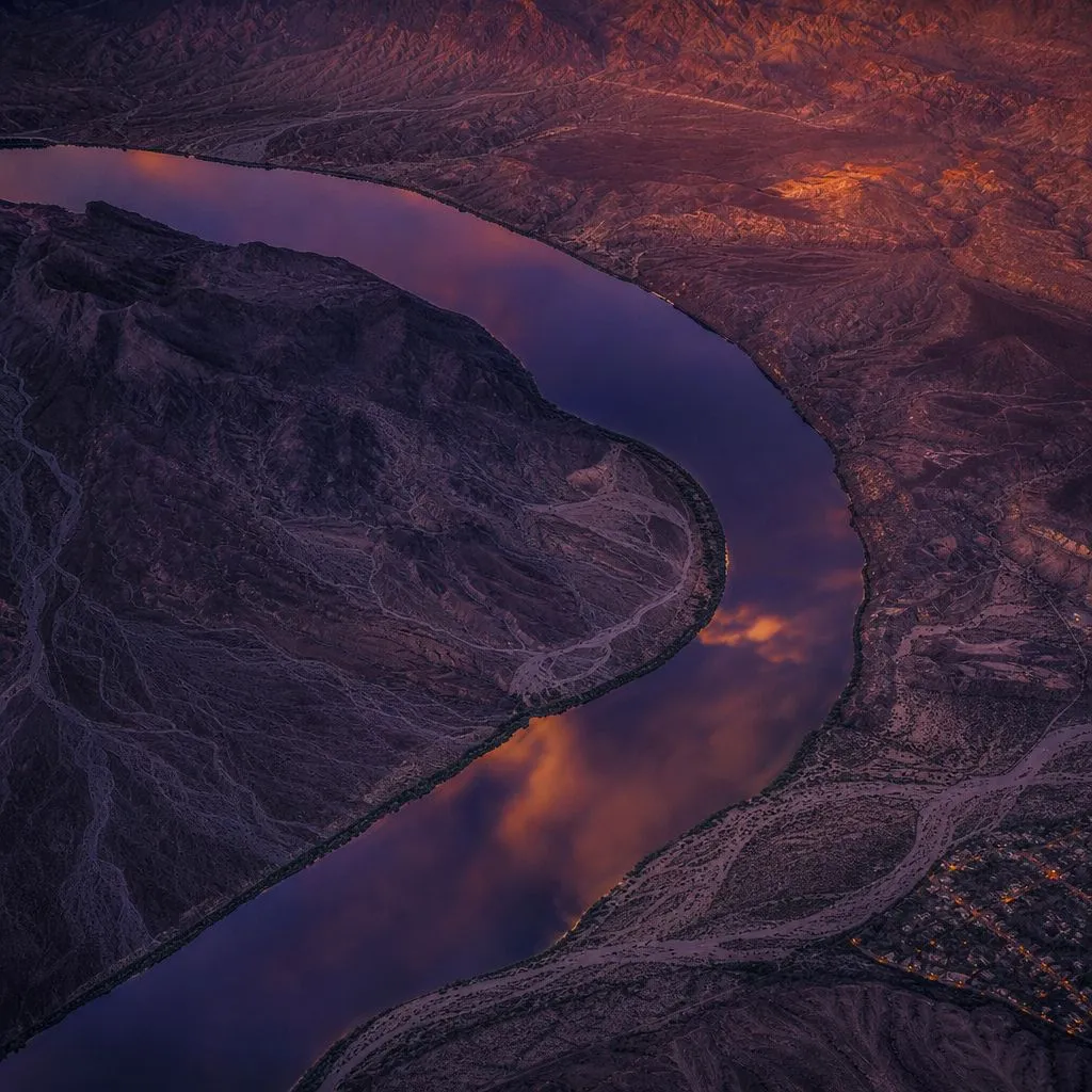 Aerial dusk view of the The river corridor region of Arizona